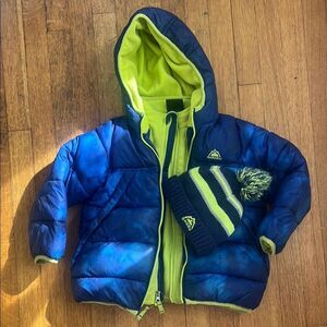 Blue and Neon Green Puffer Jacket with Beanie